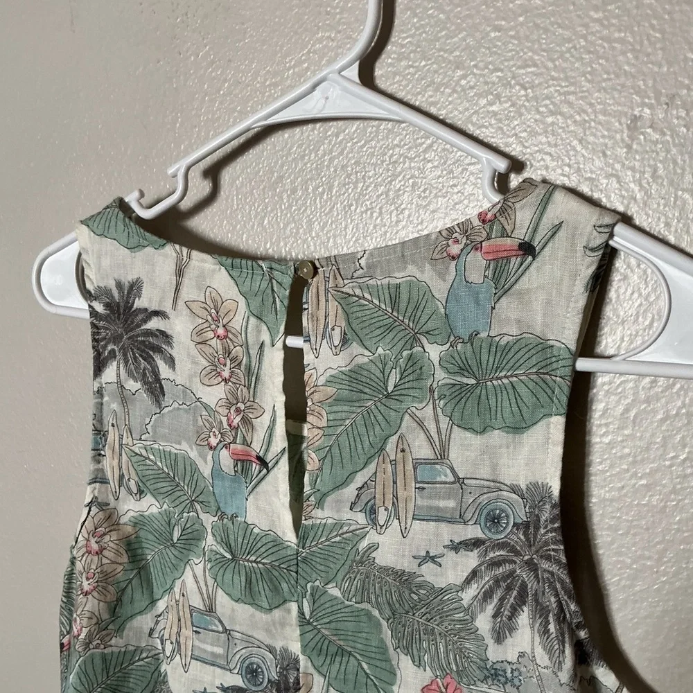 C&C California 100% Linen Tropical Print Shift Dress S Resort Palm Tree Toucan - Picture 6 of 7